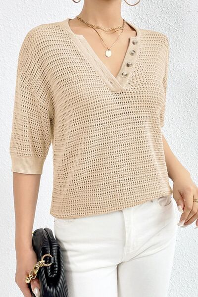 Openwork Half Button Dropped Shoulder Knit Top |1mrk.com