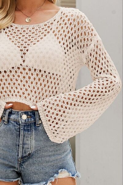 Openwork Round Neck Dropped Shoulder Knit Top |1mrk.com