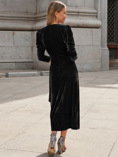 Surplice Puff Sleeve Midi Dress |1mrk.com