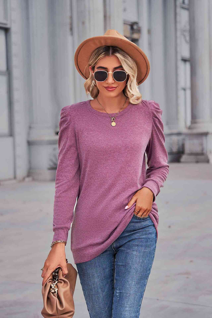 Heathered Puff Sleeve Round Neck Tunic Top | 1mrk.com