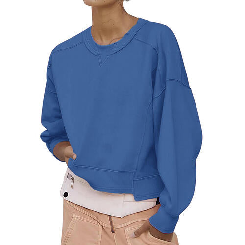 Round Neck Drop Shoulder Long Sleeve Sweatshirt |1mrk.com