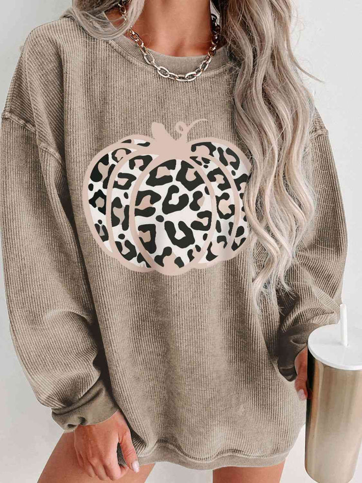 Leopard Pumpkin Graphic Ribbed Sweatshirt |1mrk.com