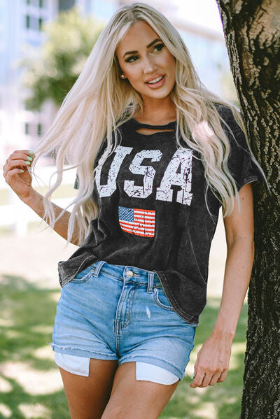 USA Cutout Round Neck Short Sleeve T-Shirt | Trendsi