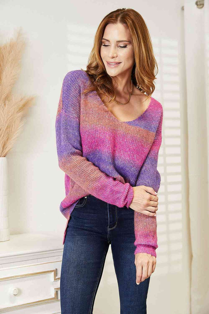 Double Take Multicolored Rib-Knit V-Neck Knit Pullover | Trendsi