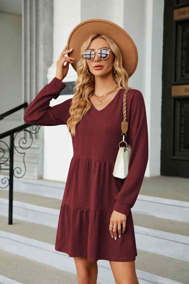 V-Neck Long Sleeve Mini Dress |1mrk.com