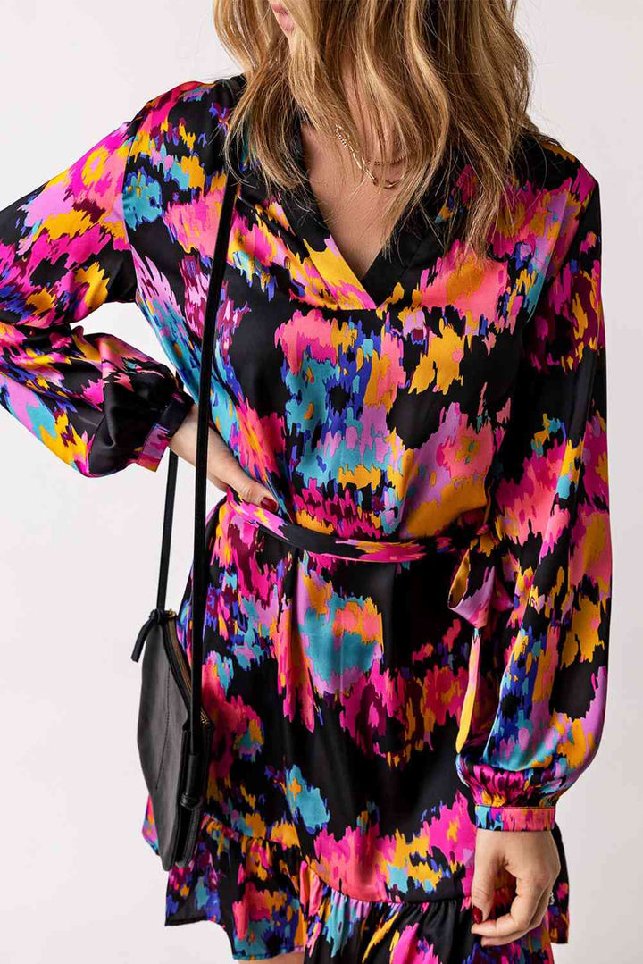 Abstract Print Belted Ruffle Hem Dress |1mrk.com