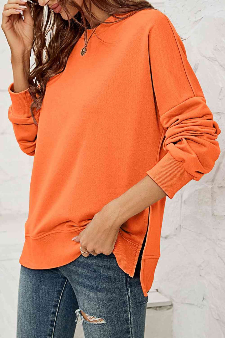 Round Neck  Dropped Shoulder Slit Sweatshirt |1mrk.com