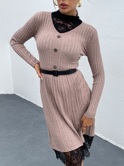 Lace Detail Decorative Button Long Sleeve Sweater Dress |1mrk.com