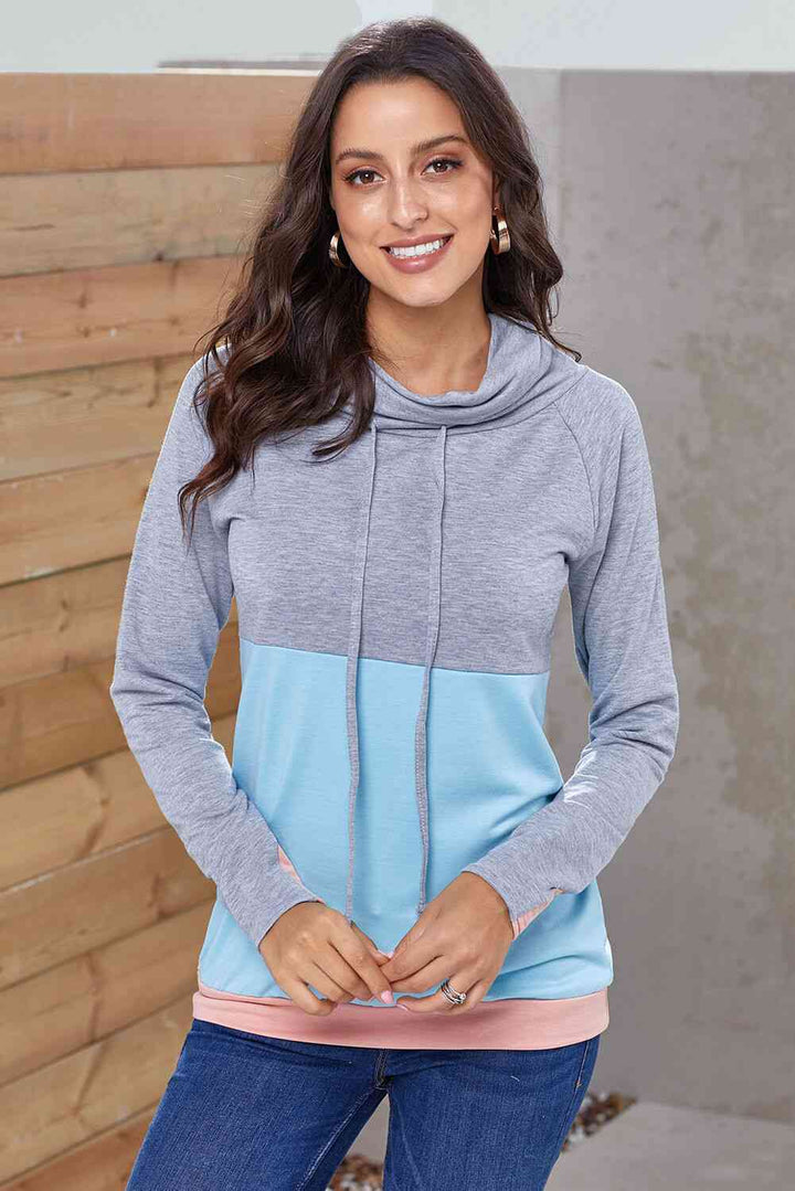 Color Block Raglan Sleeve Drawstring Sweatshirt |1mrk.com