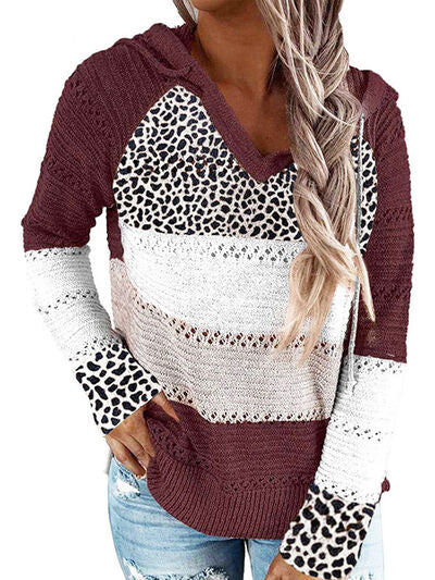 Full Size Openwork Leopard Drawstring Hooded Sweater |1mrk.com