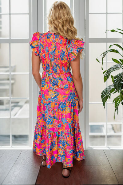 Printed V-Neck Cap Sleeve Pocketed Midi Dress |1mrk.com