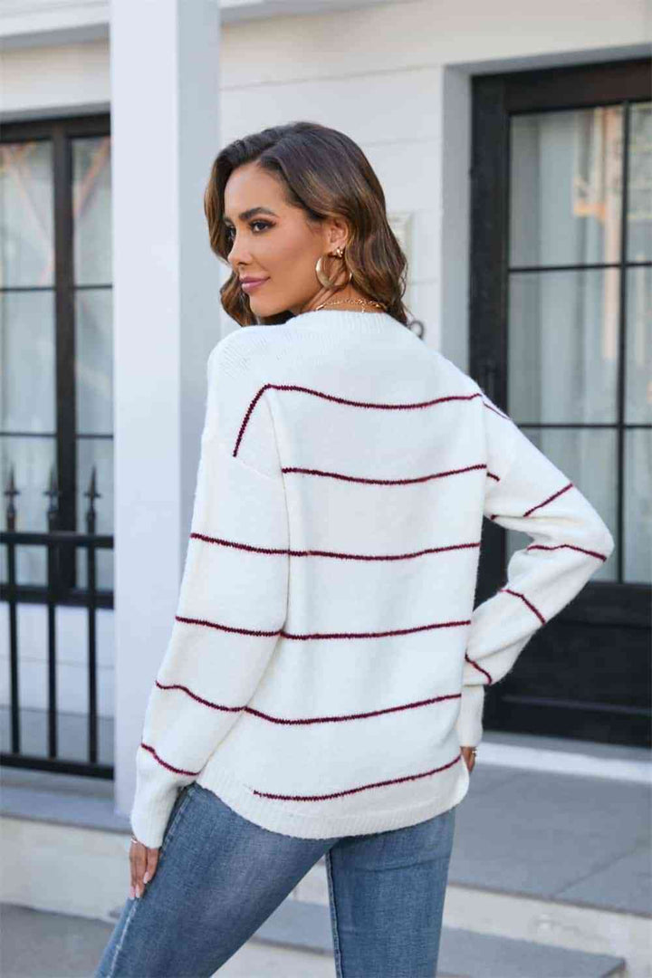 Striped Round Neck Long Sleeve Sweater |1mrk.com