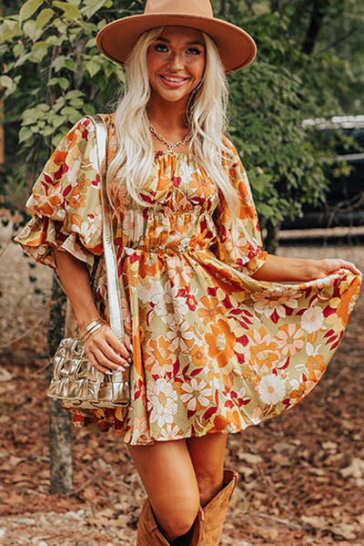 Floral Square Neck Mini Dress |1mrk.com