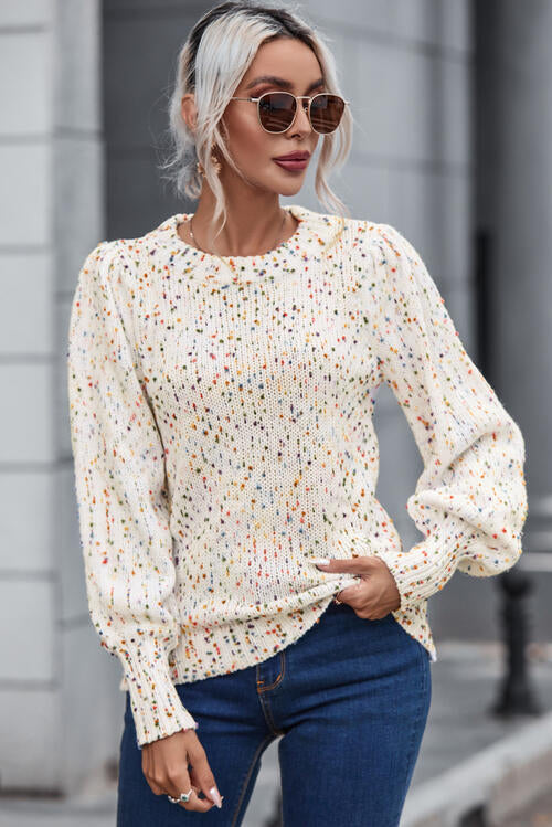 Heathered Round Neck Lantern Sleeve Sweater |1mrk.com