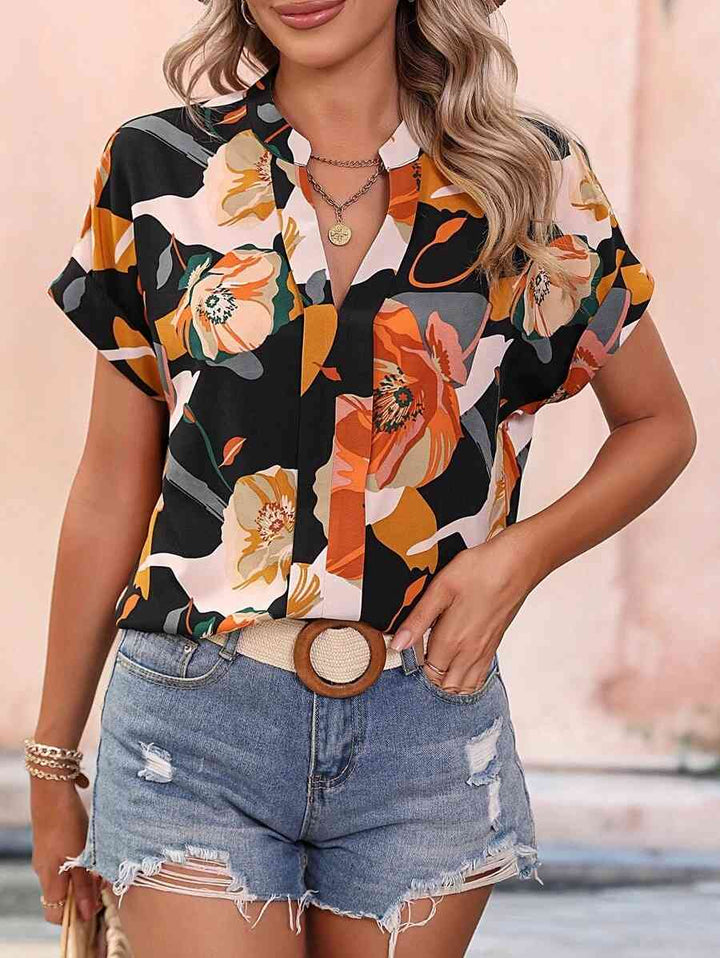 Printed Notched Neck Short Sleeve Blouse | 1mrk.com