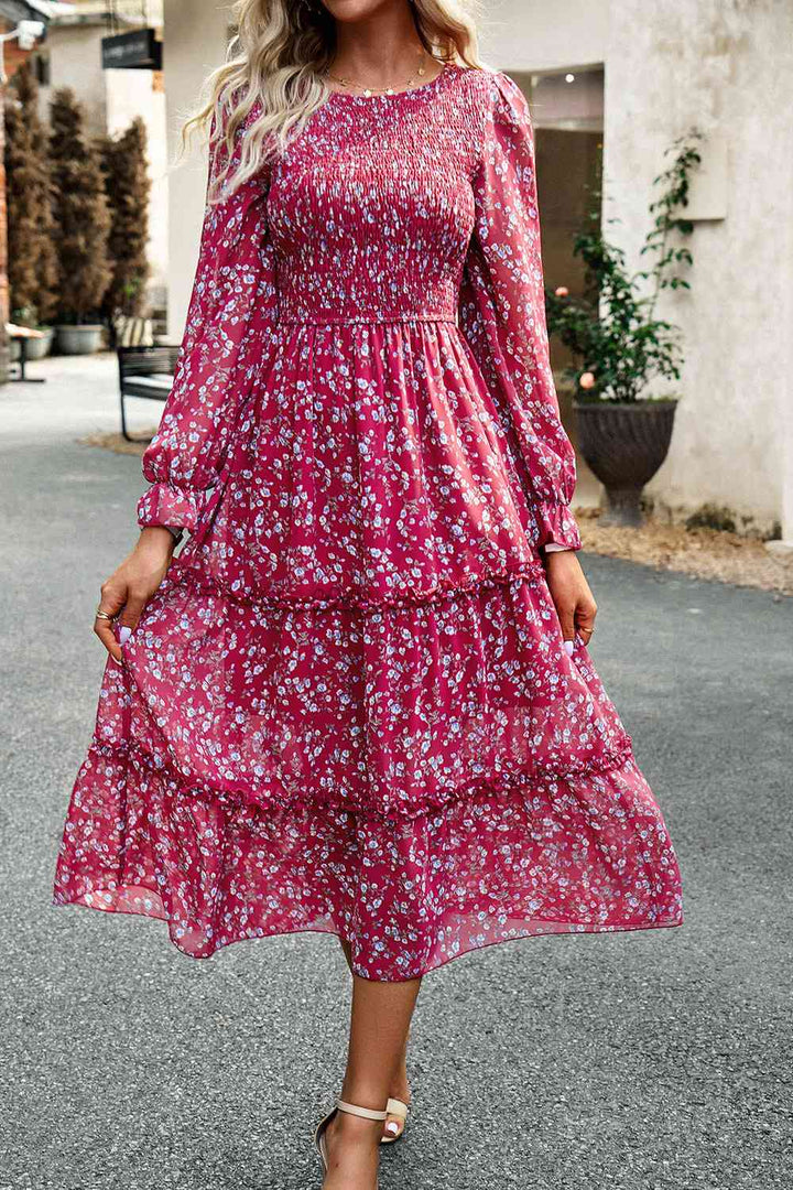 Smocked Flounce Sleeve Midi Dress | 1mrk.com