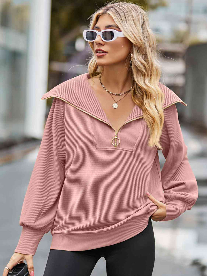 Half Zip Collared Neck Long Sleeve Sweatshirt |1mrk.com