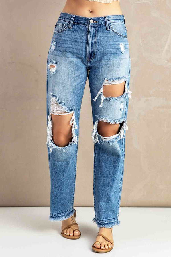 Frayed Hem Distressed Jeans with Pockets | 1mrk.com