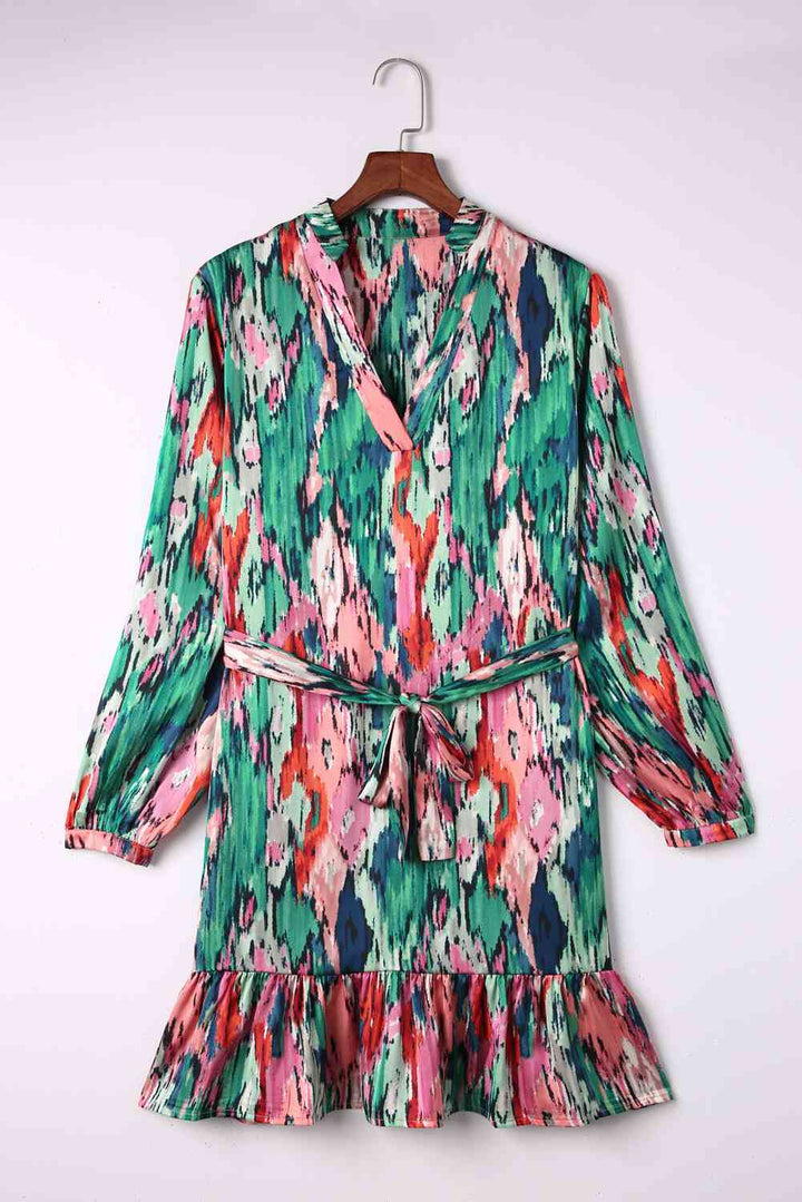 Abstract Print Belted Ruffle Hem Dress |1mrk.com