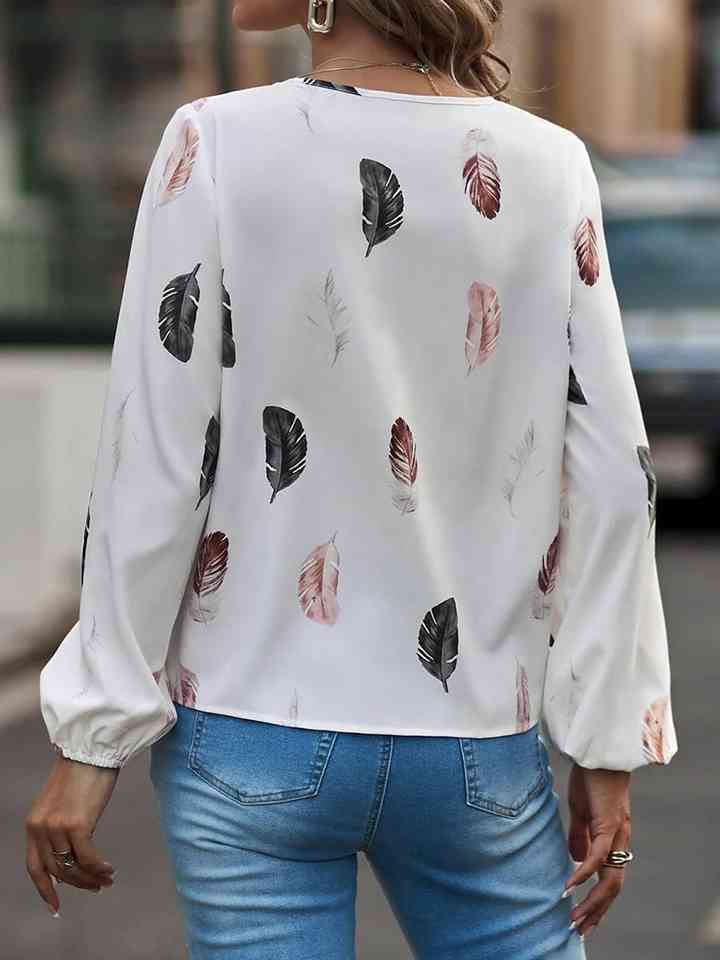 Printed Notched Neck Long Sleeve Blouse | 1mrk.com