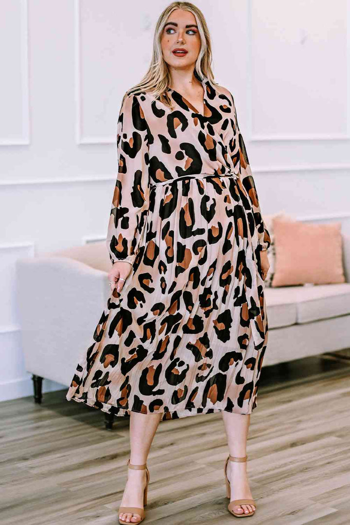 Plus Size Leopard Print Surplice Neck Long Sleeve Midi Dress |1mrk.com