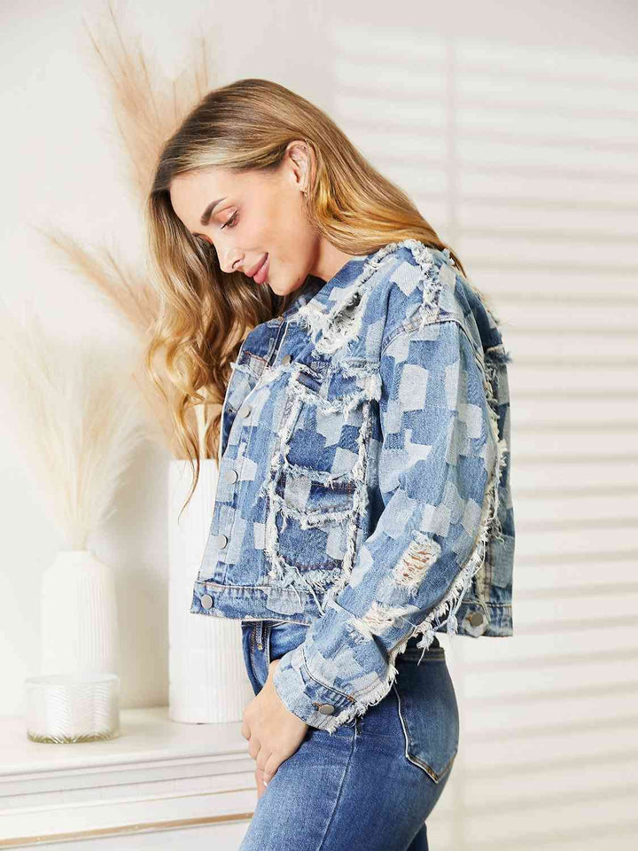 Plaid Raw Hem Dropped Shoulder Denim Jacket | 1mrk.com