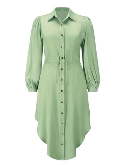 Drawstring Button Up Balloon Sleeve Dress |1mrk.com