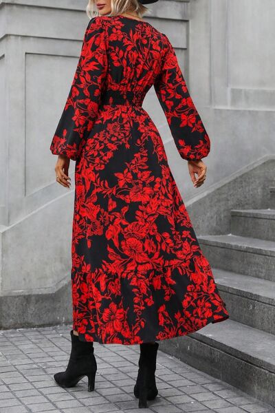 Printed Surplice Balloon Sleeve Midi Dress |1mrk.com