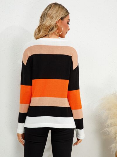 Striped Round Neck Dropped Shoulder Sweater |1mrk.com