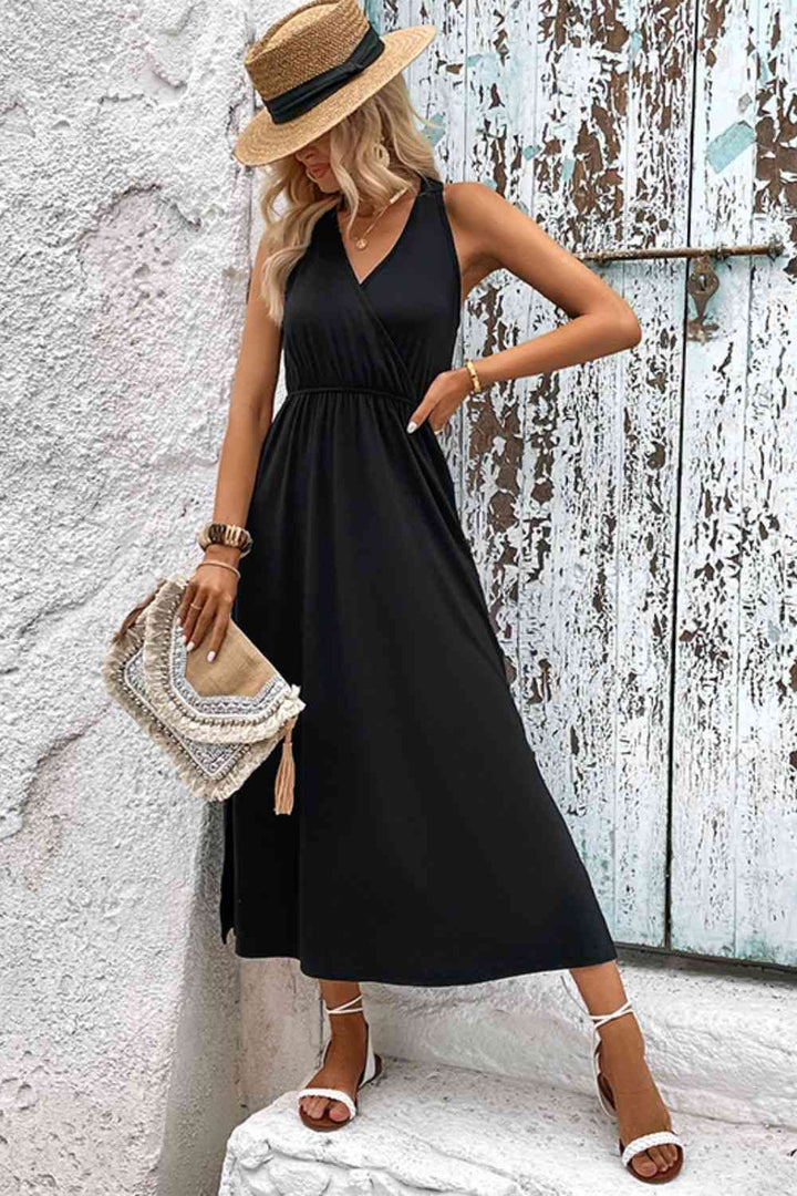 Surplice Neck Slit Sleeveless Dress |1mrk.com