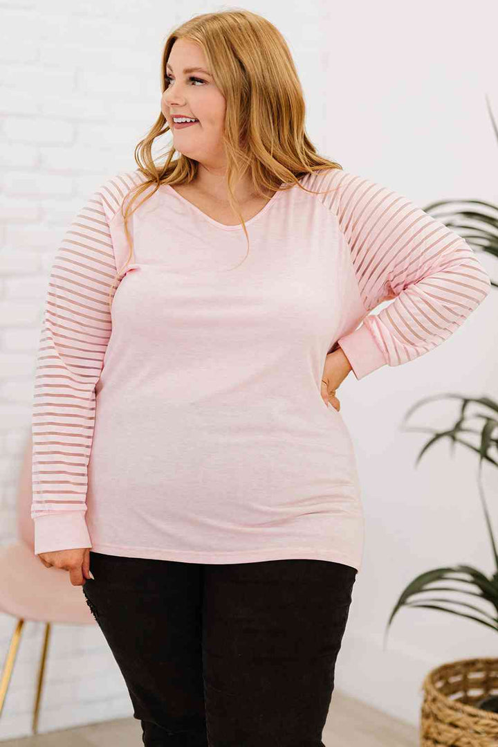 Plus Size Sheer Striped Sleeve V-Neck Top | 1mrk.com