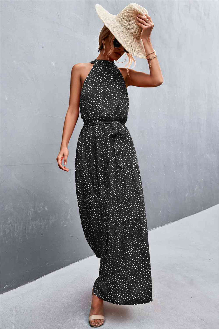 Printed Sleeveless Tie Waist Maxi Dress |1mrk.com