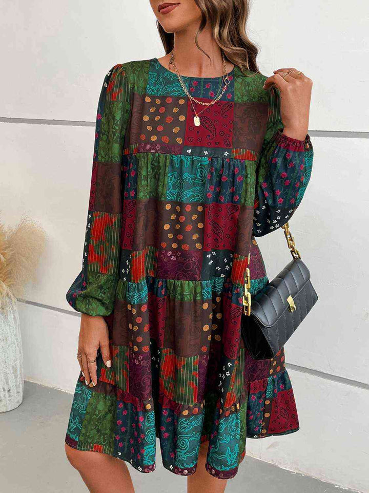 Patchwork Round Neck Long Sleeve Dress | 1mrk.com