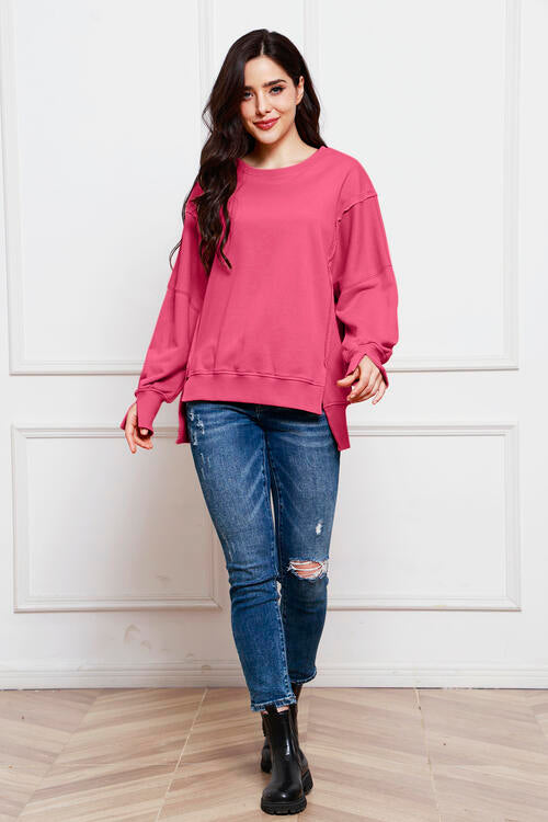 Exposed Seam Long Sleeve Slit Sweatshirt |1mrk.com