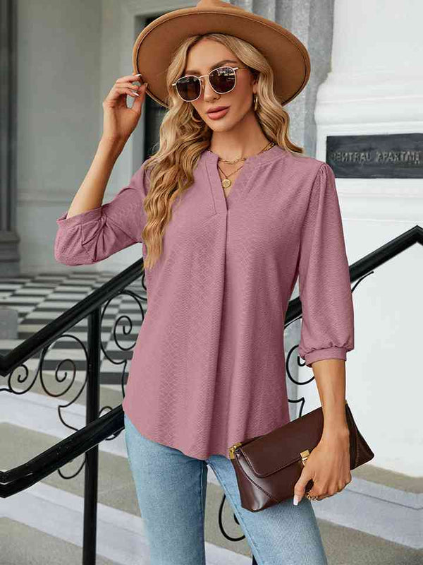 Notched Neck Three-Quarter Sleeve Blouse | 1mrk.com