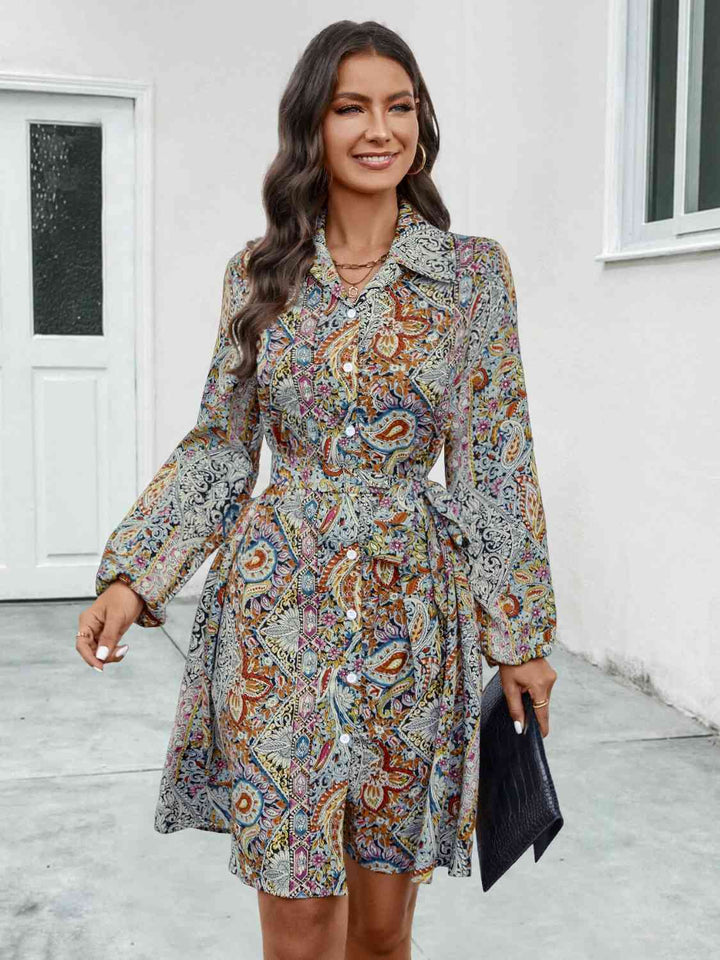 Printed Collared Neck Long Sleeve Dress |1mrk.com