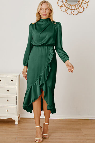 Mock Neck Ruffled Asymmetrical Dress |1mrk.com