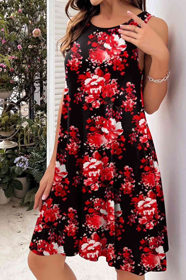 Printed Round Neck Sleeveless Dress |1mrk.com