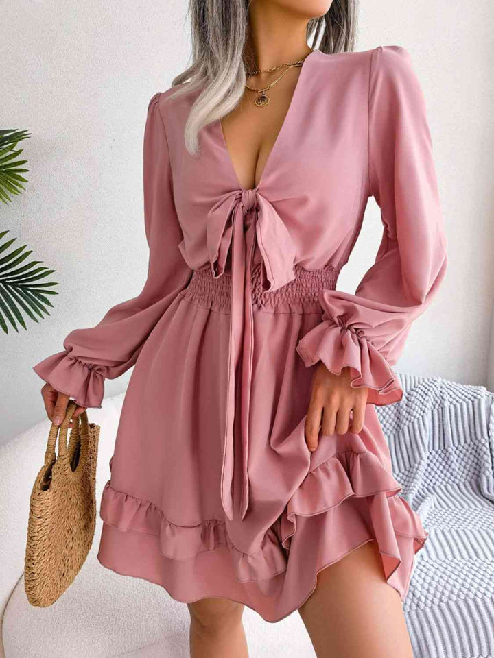 Tie Front Smocked Waist Flounce Sleeve Dress |1mrk.com