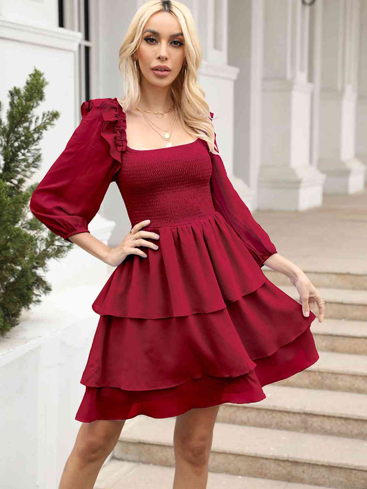 Smocked Square Neck Layered Dress |1mrk.com