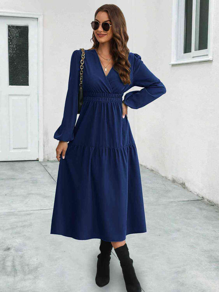 Surplice Neck Long Sleeve Midi Dress | 1mrk.com