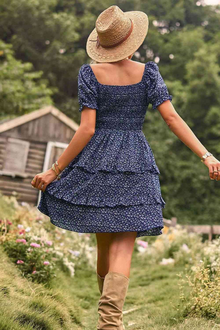 Smocked Sweetheart Neck Flounce Sleeve Mini Dress |1mrk.com