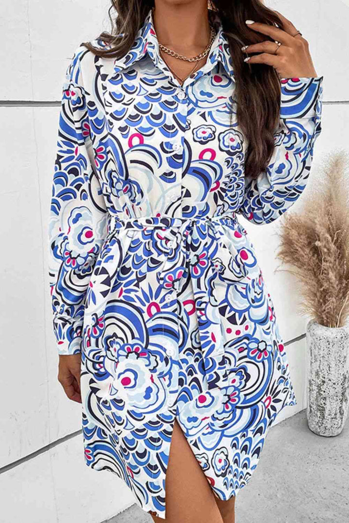 Printed Collared Neck Tie Waist Long Sleeve Dress |1mrk.com