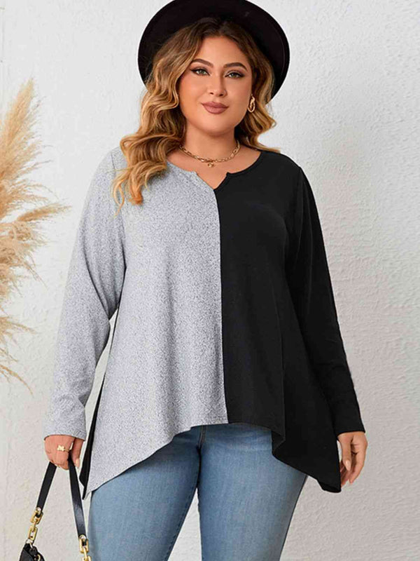 Plus Size Contrast Notched Neck T-Shirt | 1mrk.com