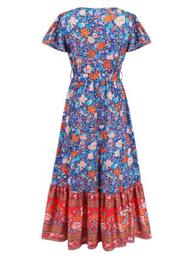 Tied Printed V-Neck Short Sleeve Dress | Trendsi