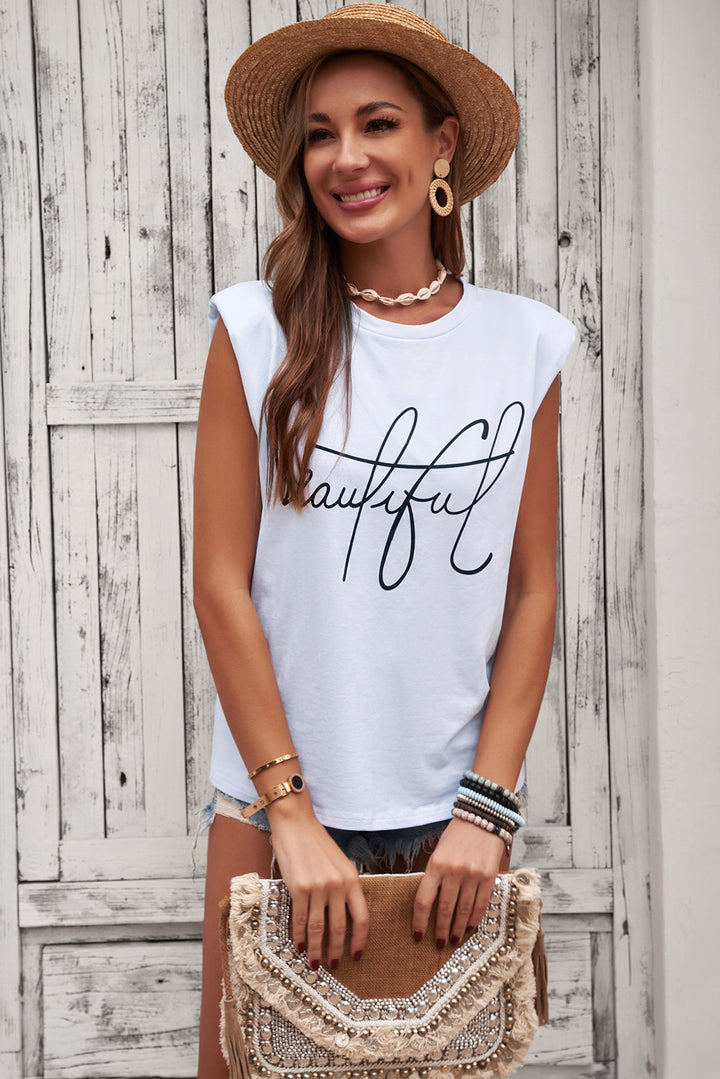 Padded Shoulder Letter Print Tank Top | 1mrk.com