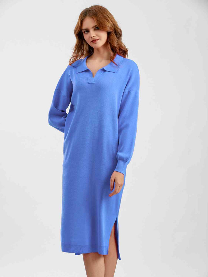 Johnny Collar Long Sleeve Slit Sweater Dress |1mrk.com