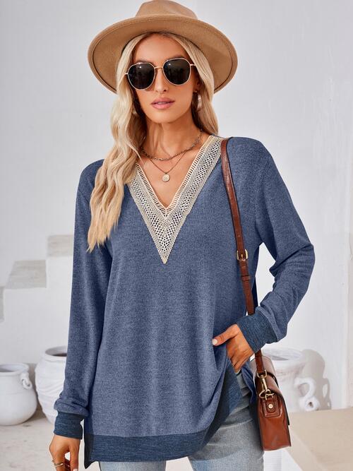 Crochet Contrast V-Neck Long Sleeve Slit T-Shirt | 1mrk.com