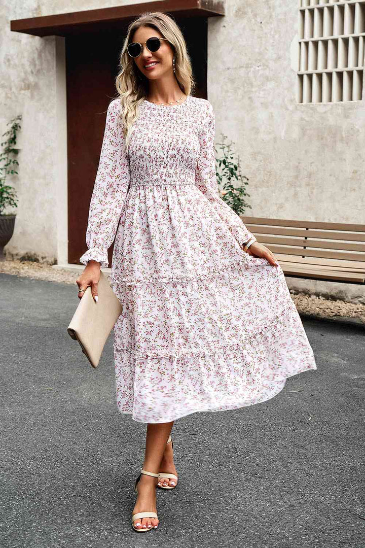 Smocked Flounce Sleeve Midi Dress | 1mrk.com