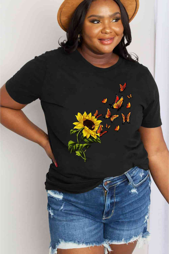 Simply Love Full Size Sunflower Butterfly Graphic Cotton Tee | 1mrk.com